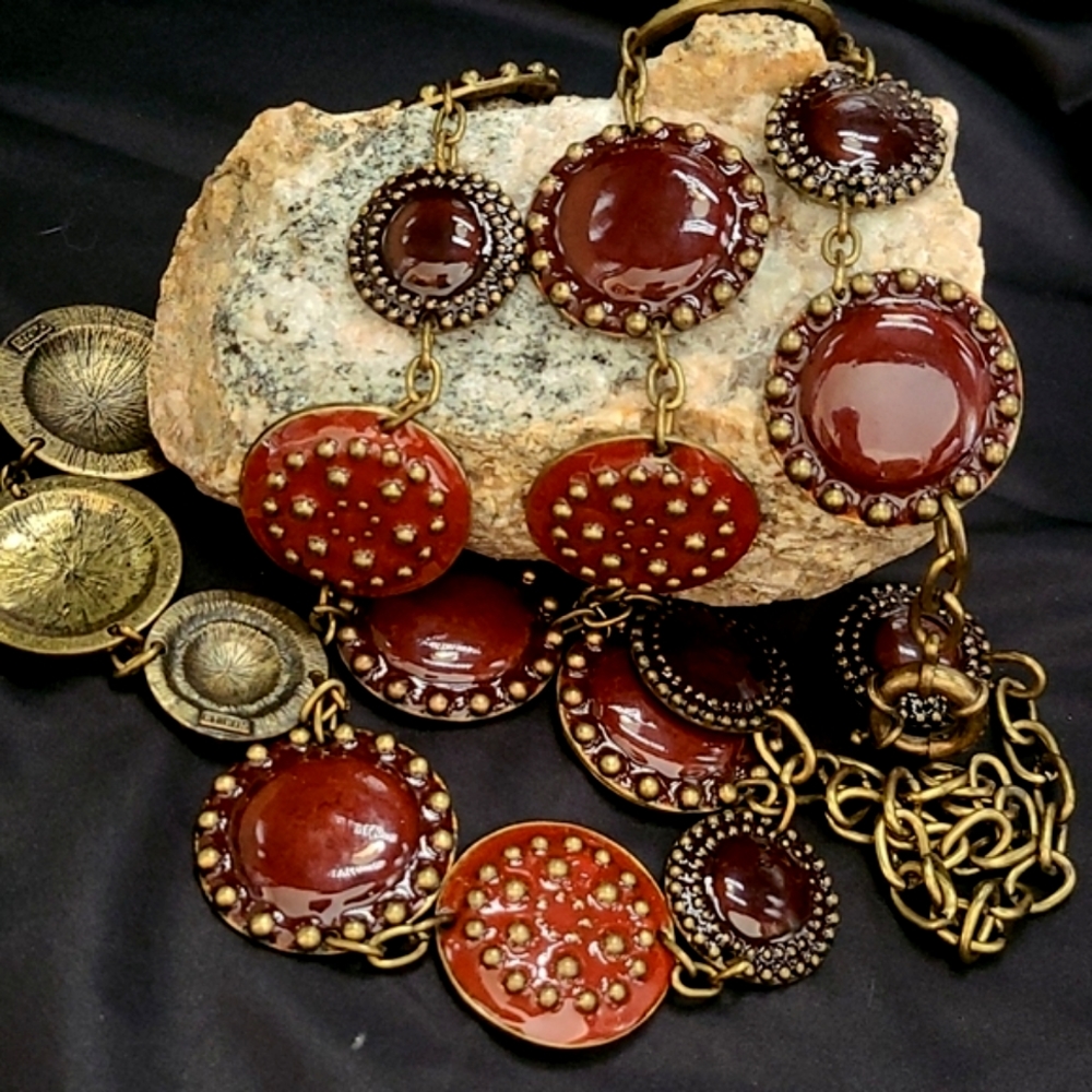 CHICO'S Enamel BOHO Style BROWN Rust BRASS Color MEDALLION Statement Belt MSTA
